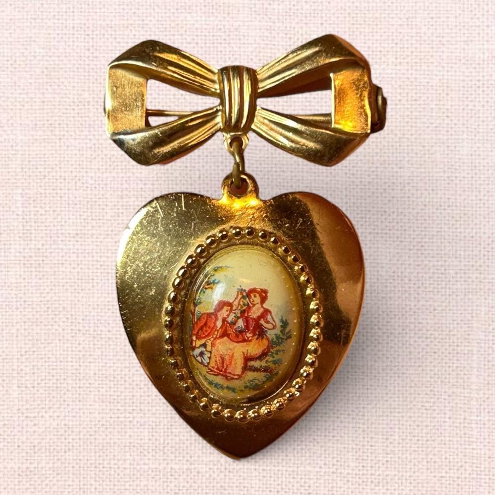 Vintage Coro Bow & Heart Brooch Romantic Courting Couple Pendant Pin